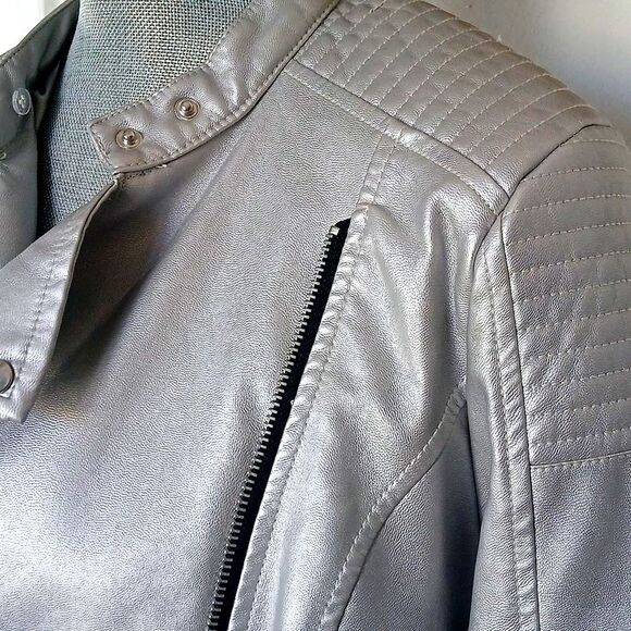 a.n.a. Silver Metallic Vegan Leather Motorcycle Jacket Asymmetrical Design - Picture 3 of 10